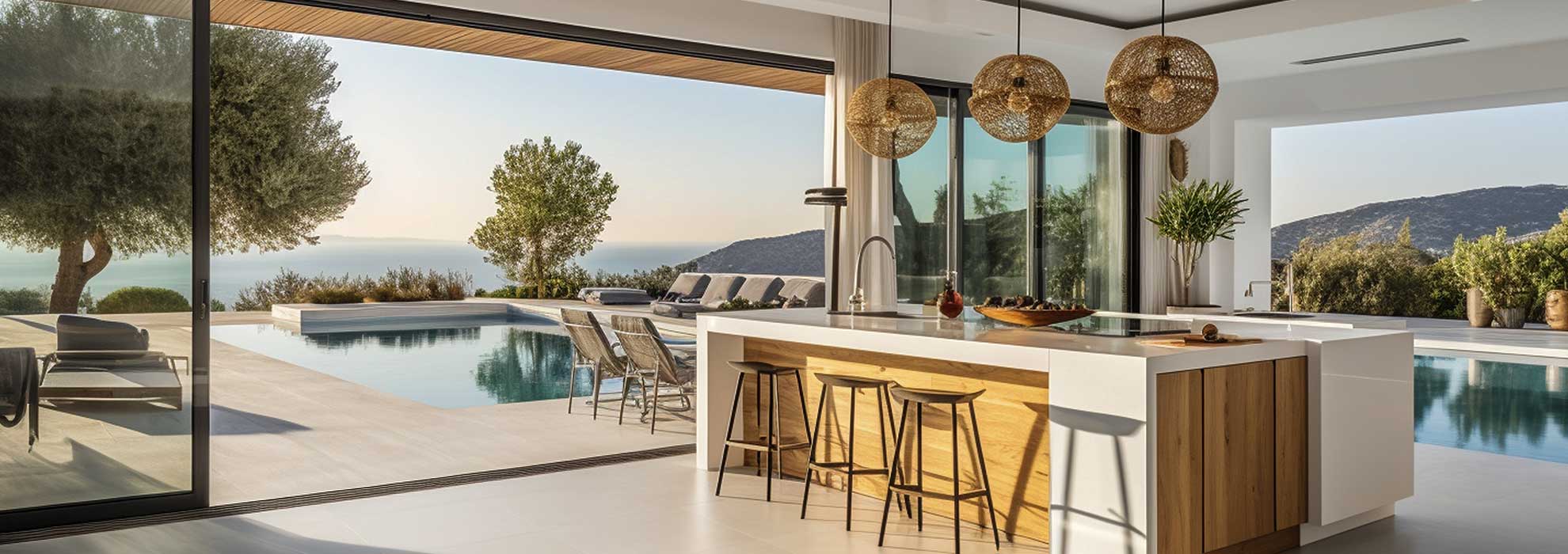 Estudio Técnica & Arquitectura Azuaga Cocina moderna con isla y vistas a piscina y paisaje mediterráneo.